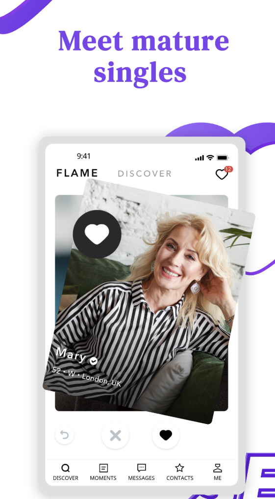 Phone screen showing mature dating profile browsing